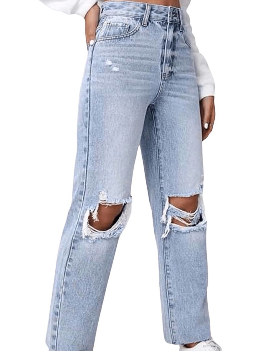 High-Rise Straight Leg Distressed Jeans in Light Blue